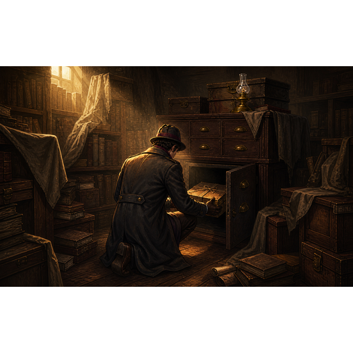 Un inspecteur vu de dos examine une lettre dans les archives d’une vieille maison.